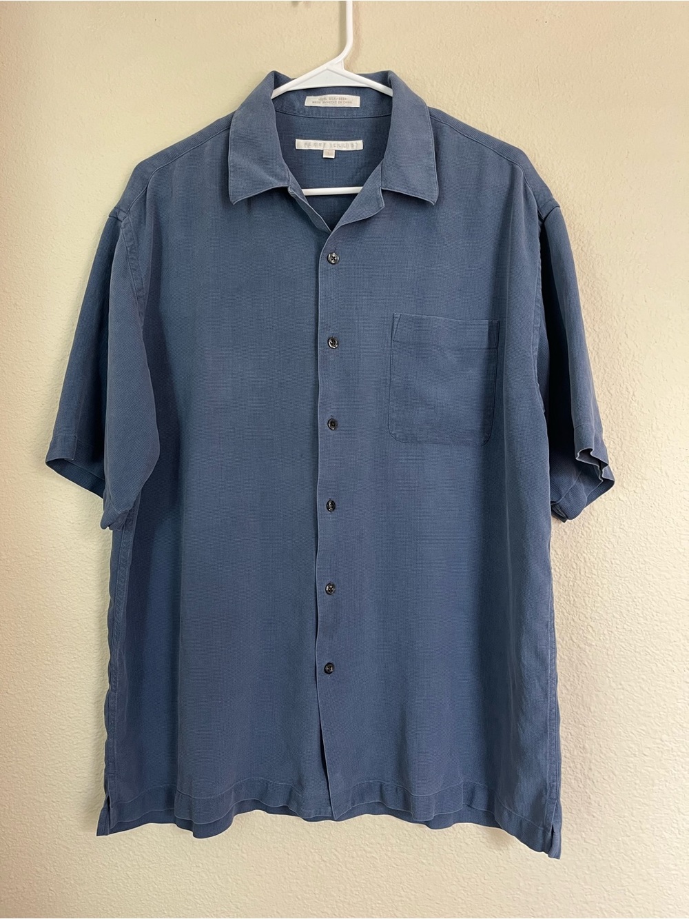 Perry Ellis 100% Silk Camp Shirt Dusty Blue Quiet Luxury Old Money Resort Large